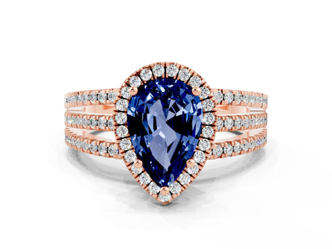Rose gold {shape_name} Blue Sapphire Halo Engagement Ring with Split Shank and Four-Prong Setting
