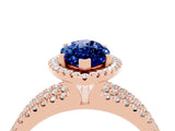 Rose gold {shape_name} Blue Sapphire Halo Engagement Ring with Split Shank and Four-Prong Setting_4