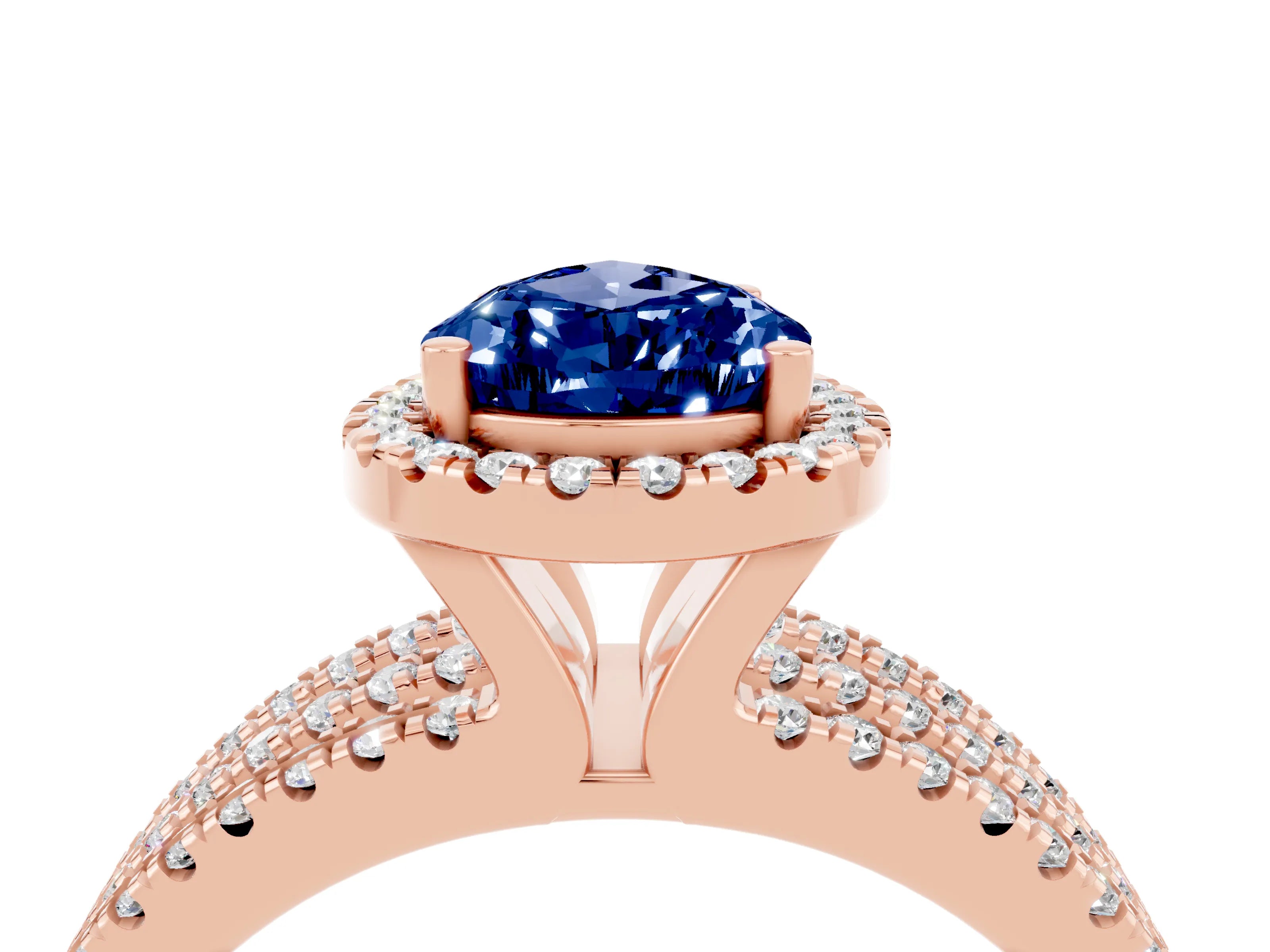 Rose gold {shape_name} Blue Sapphire Halo Engagement Ring with Split Shank and Four-Prong Setting_4