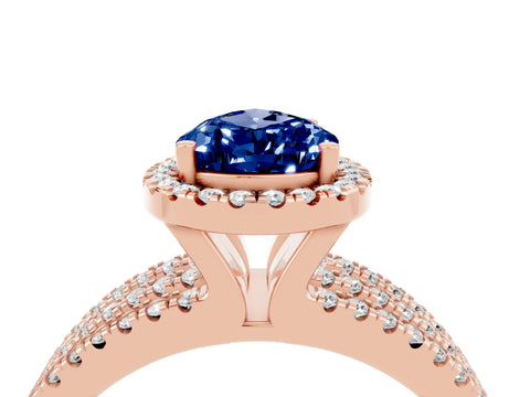 Rose gold {shape_name} Blue Sapphire Halo Engagement Ring with Split Shank and Four-Prong Setting_4