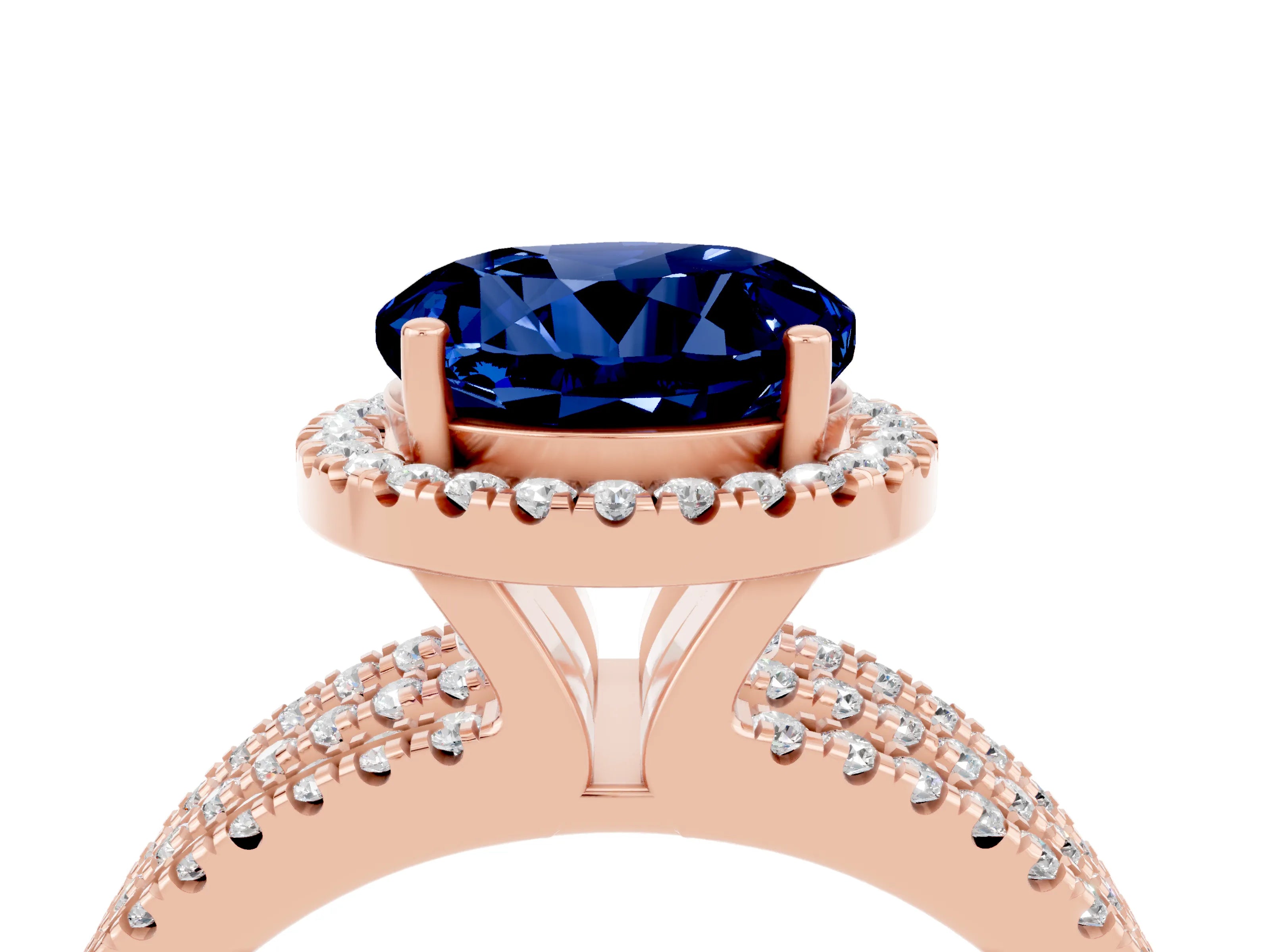 Rose gold {shape_name} Blue Sapphire Halo Engagement Ring with Split Shank and Four-Prong Setting_4