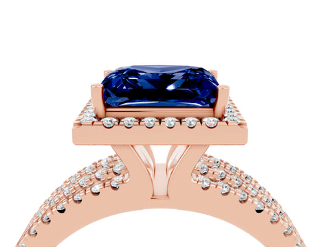 Rose gold {shape_name} Blue Sapphire Halo Engagement Ring with Split Shank and Four-Prong Setting_4
