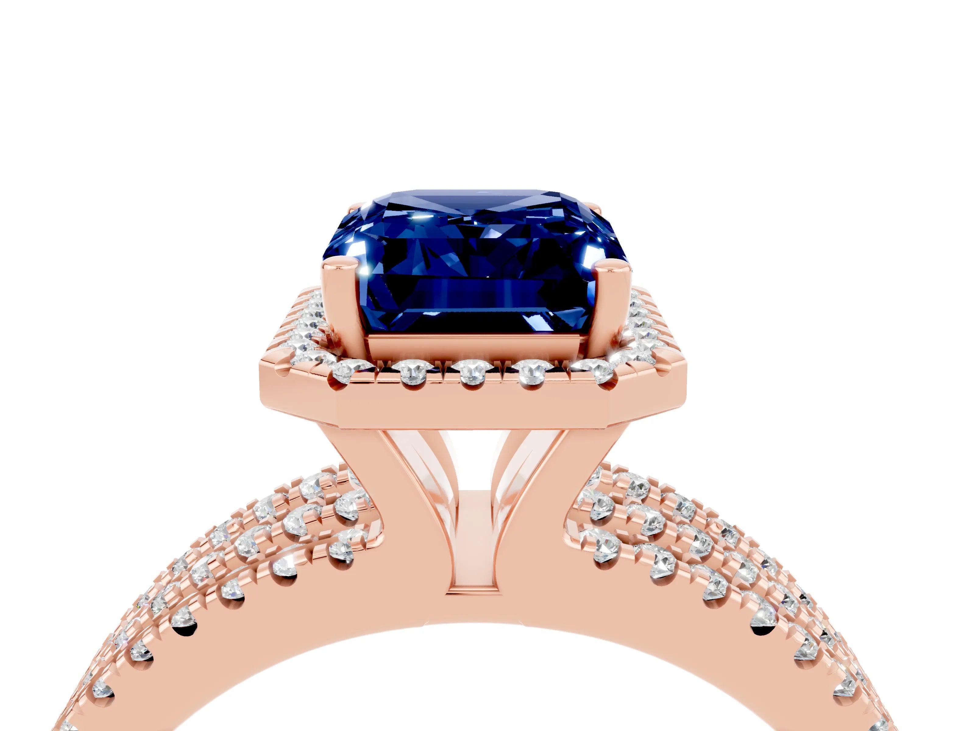 Rose gold {shape_name} Blue Sapphire Halo Engagement Ring with Split Shank and Four-Prong Setting_4