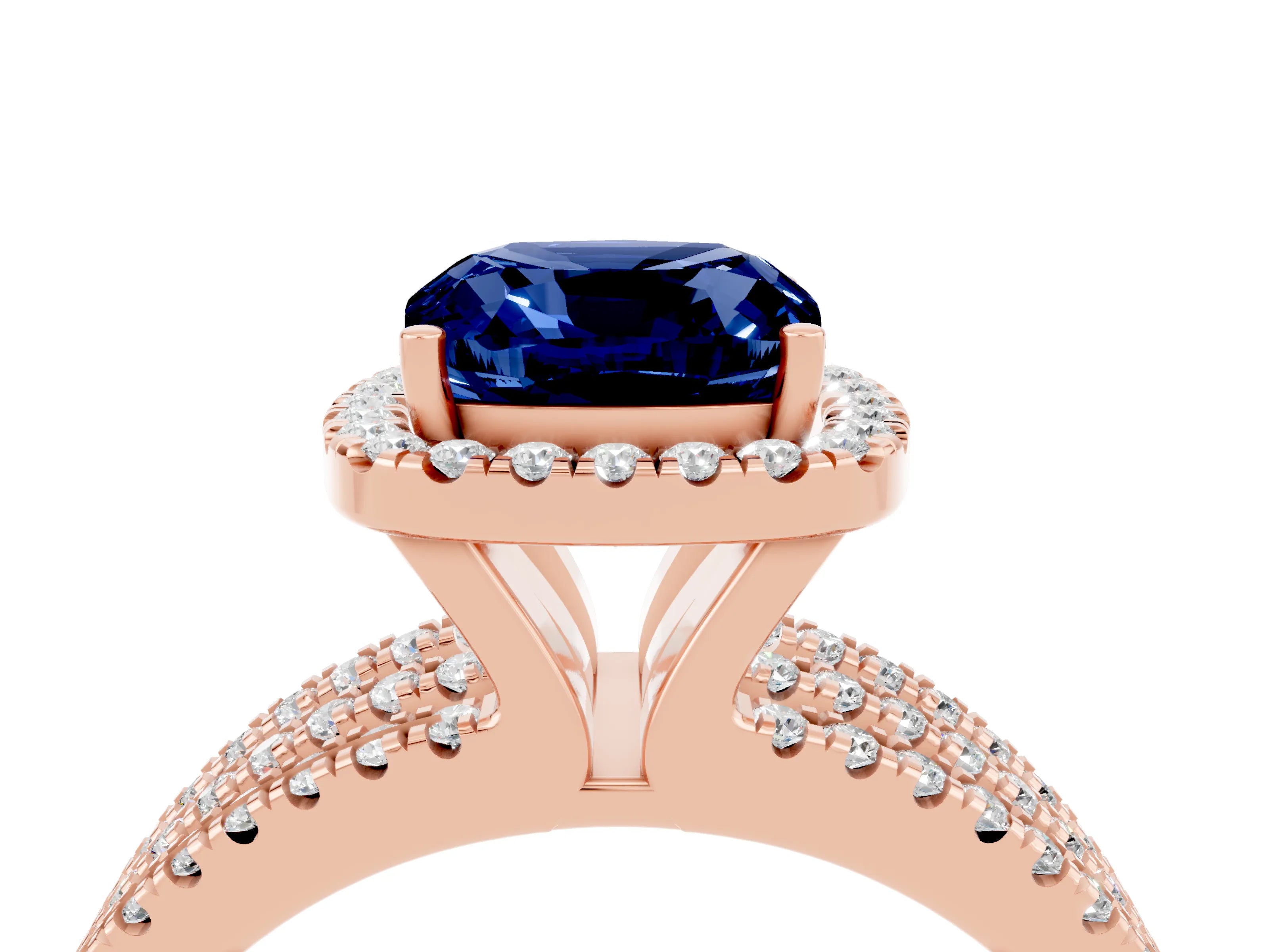 Rose gold {shape_name} Blue Sapphire Halo Engagement Ring with Split Shank and Four-Prong Setting_4