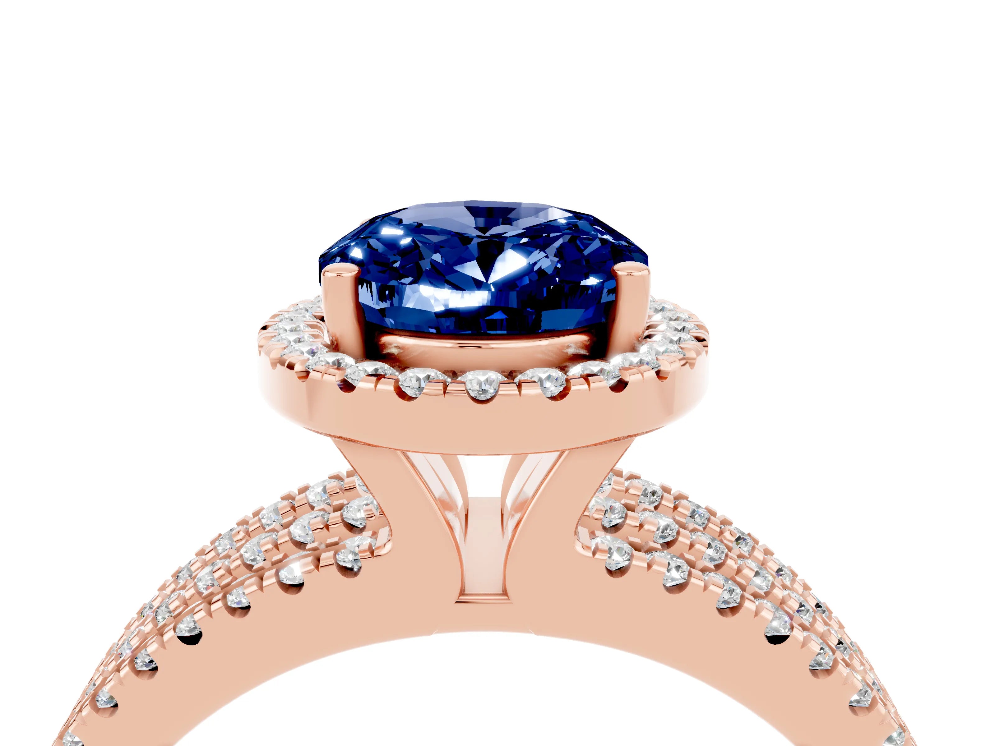 Rose gold {shape_name} Blue Sapphire Halo Engagement Ring with Split Shank and Four-Prong Setting_4