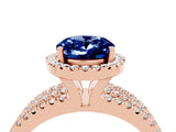 Rose gold {shape_name} Blue Sapphire Halo Engagement Ring with Split Shank and Four-Prong Setting_4