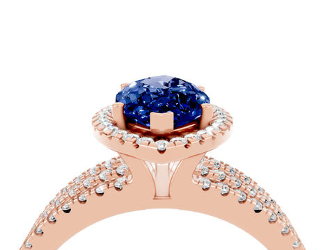Rose gold {shape_name} Blue Sapphire Halo Engagement Ring with Split Shank and Four-Prong Setting_4