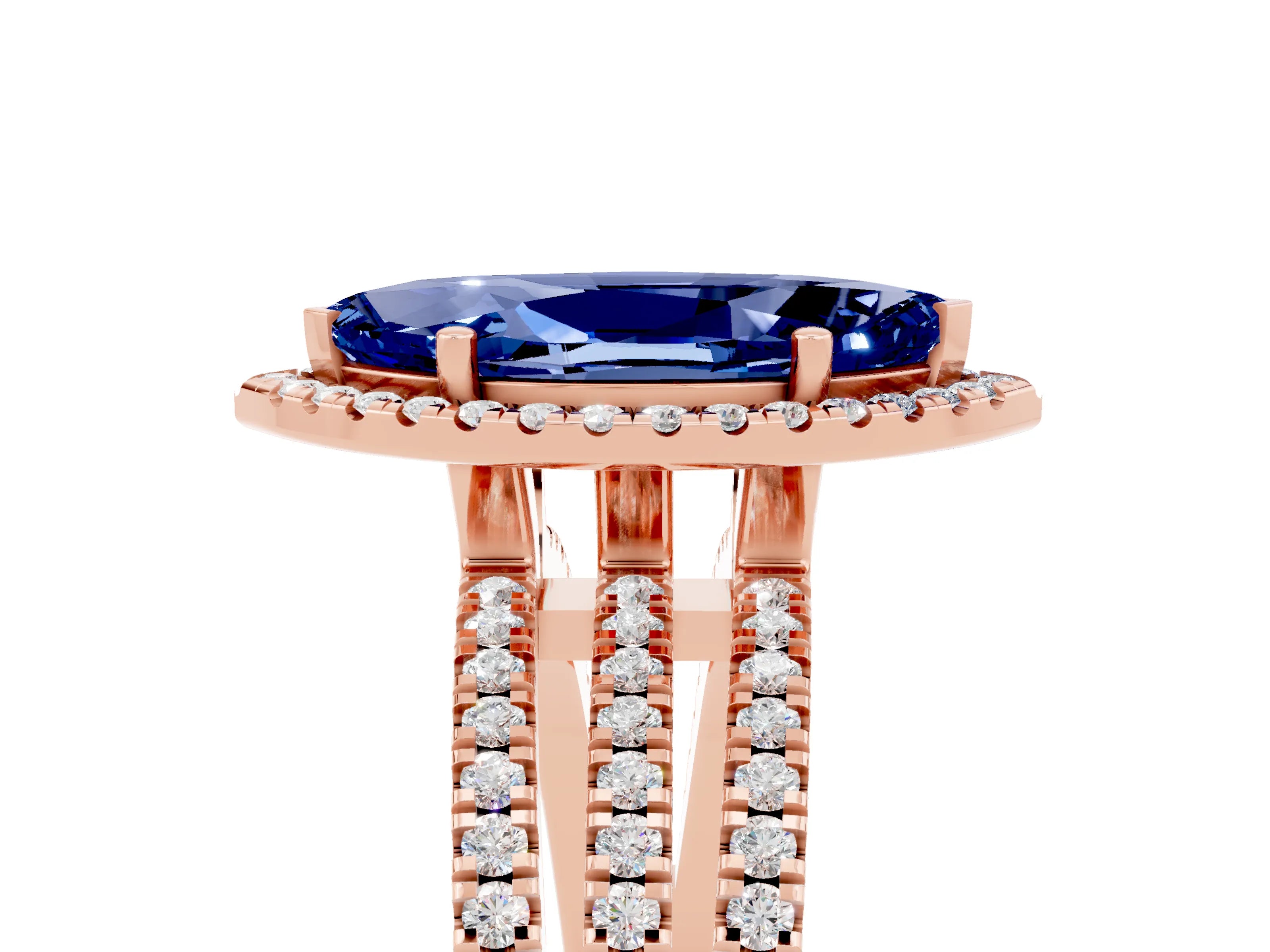 Rose gold {shape_name} Blue Sapphire Halo Engagement Ring with Split Shank and Four-Prong Setting_5