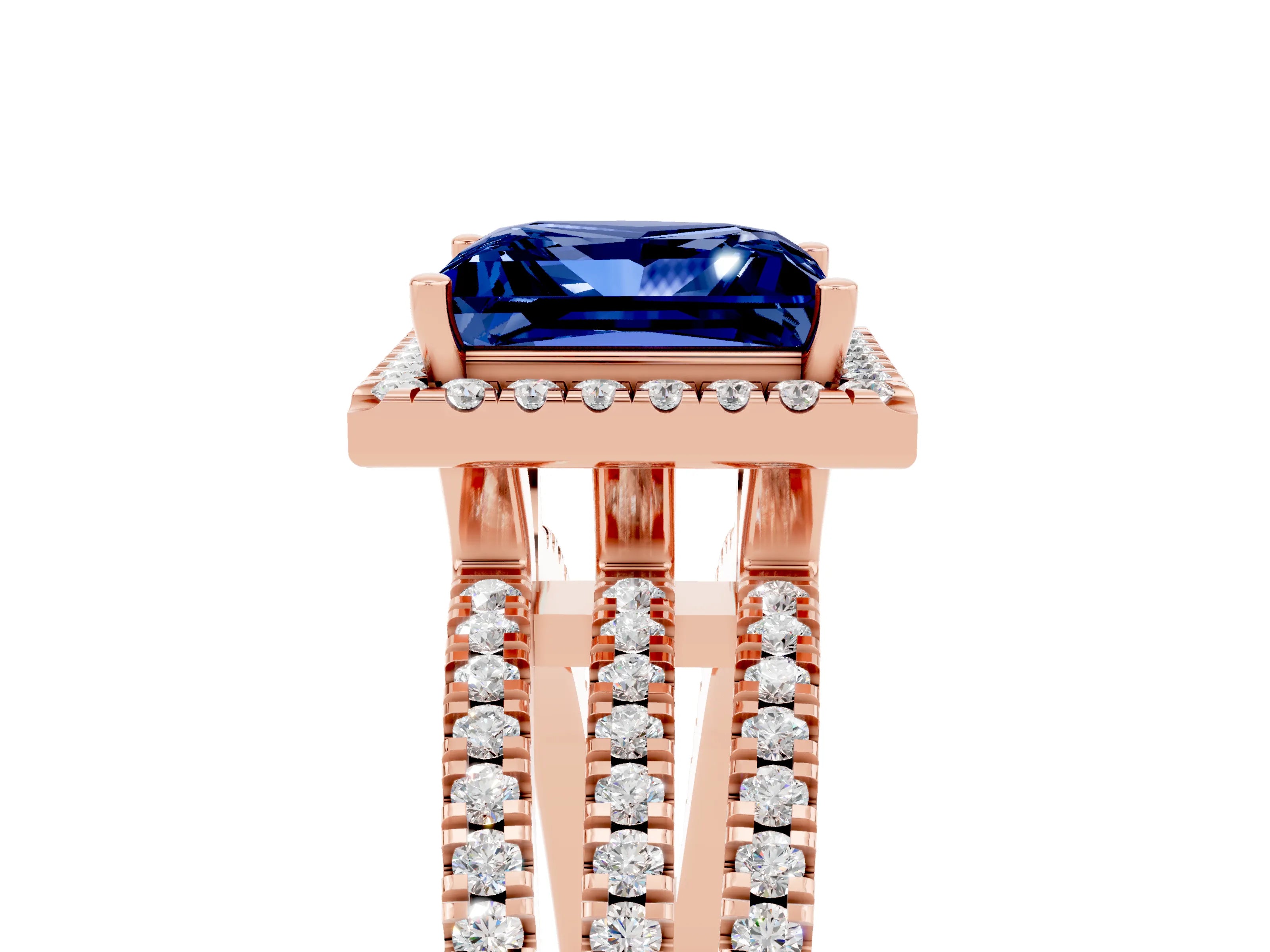 Rose gold {shape_name} Blue Sapphire Halo Engagement Ring with Split Shank and Four-Prong Setting_5