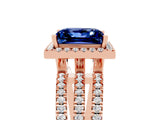 Rose gold {shape_name} Blue Sapphire Halo Engagement Ring with Split Shank and Four-Prong Setting_5