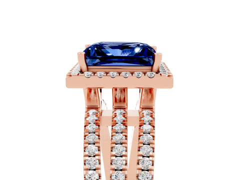 Rose gold {shape_name} Blue Sapphire Halo Engagement Ring with Split Shank and Four-Prong Setting_5