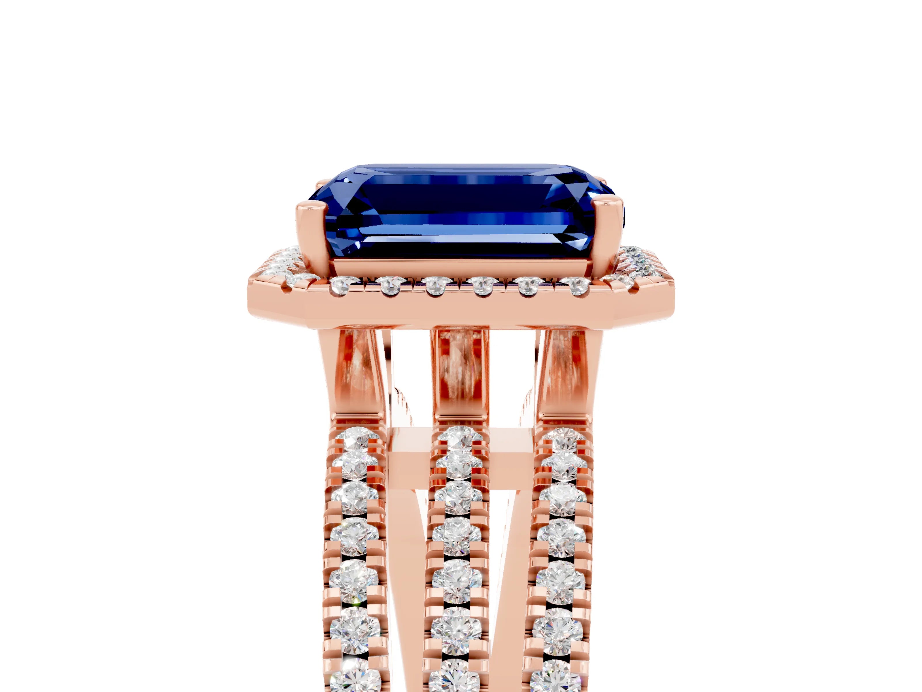 Rose gold {shape_name} Blue Sapphire Halo Engagement Ring with Split Shank and Four-Prong Setting_5