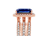 Rose gold {shape_name} Blue Sapphire Halo Engagement Ring with Split Shank and Four-Prong Setting_5