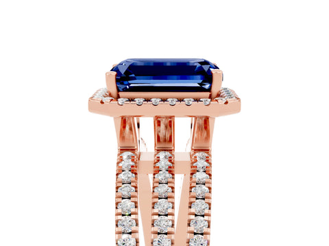 Rose gold {shape_name} Blue Sapphire Halo Engagement Ring with Split Shank and Four-Prong Setting_5