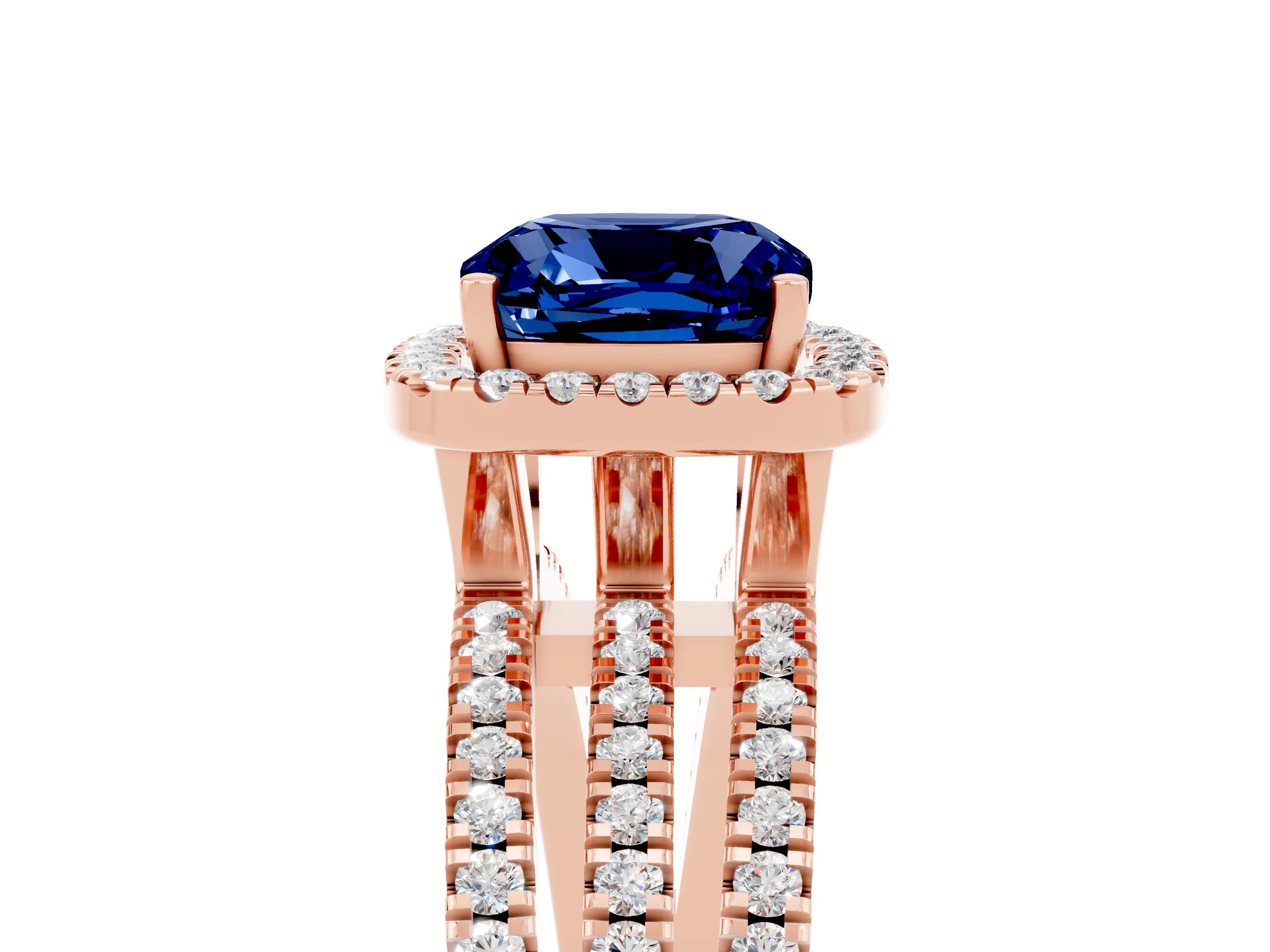 Rose gold {shape_name} Blue Sapphire Halo Engagement Ring with Split Shank and Four-Prong Setting_5