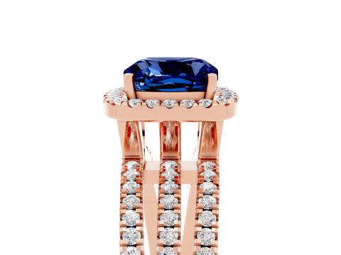Rose gold {shape_name} Blue Sapphire Halo Engagement Ring with Split Shank and Four-Prong Setting_5