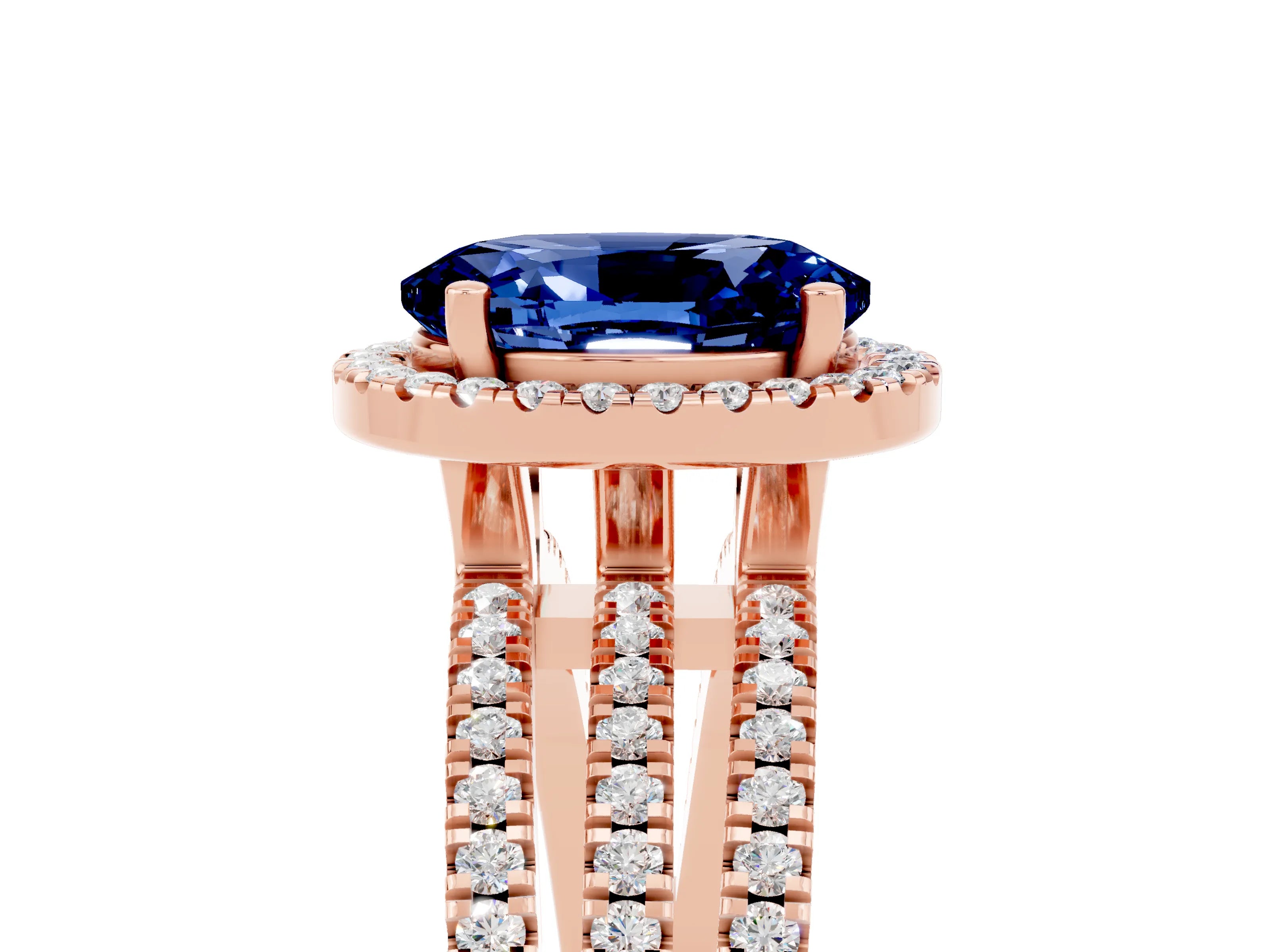 Rose gold {shape_name} Blue Sapphire Halo Engagement Ring with Split Shank and Four-Prong Setting_5