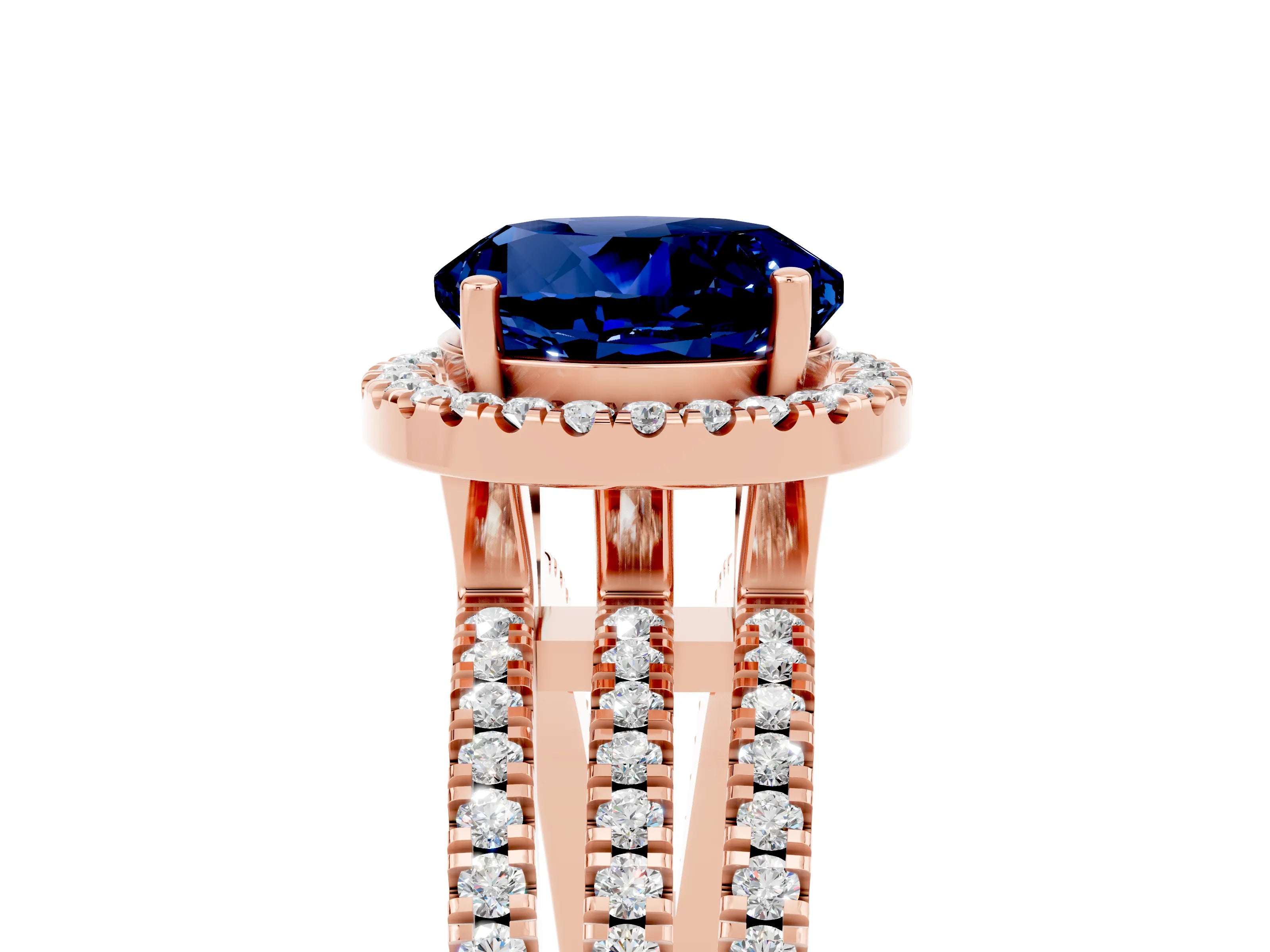 Rose gold {shape_name} Blue Sapphire Halo Engagement Ring with Split Shank and Four-Prong Setting_5