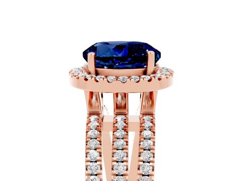 Rose gold {shape_name} Blue Sapphire Halo Engagement Ring with Split Shank and Four-Prong Setting_5