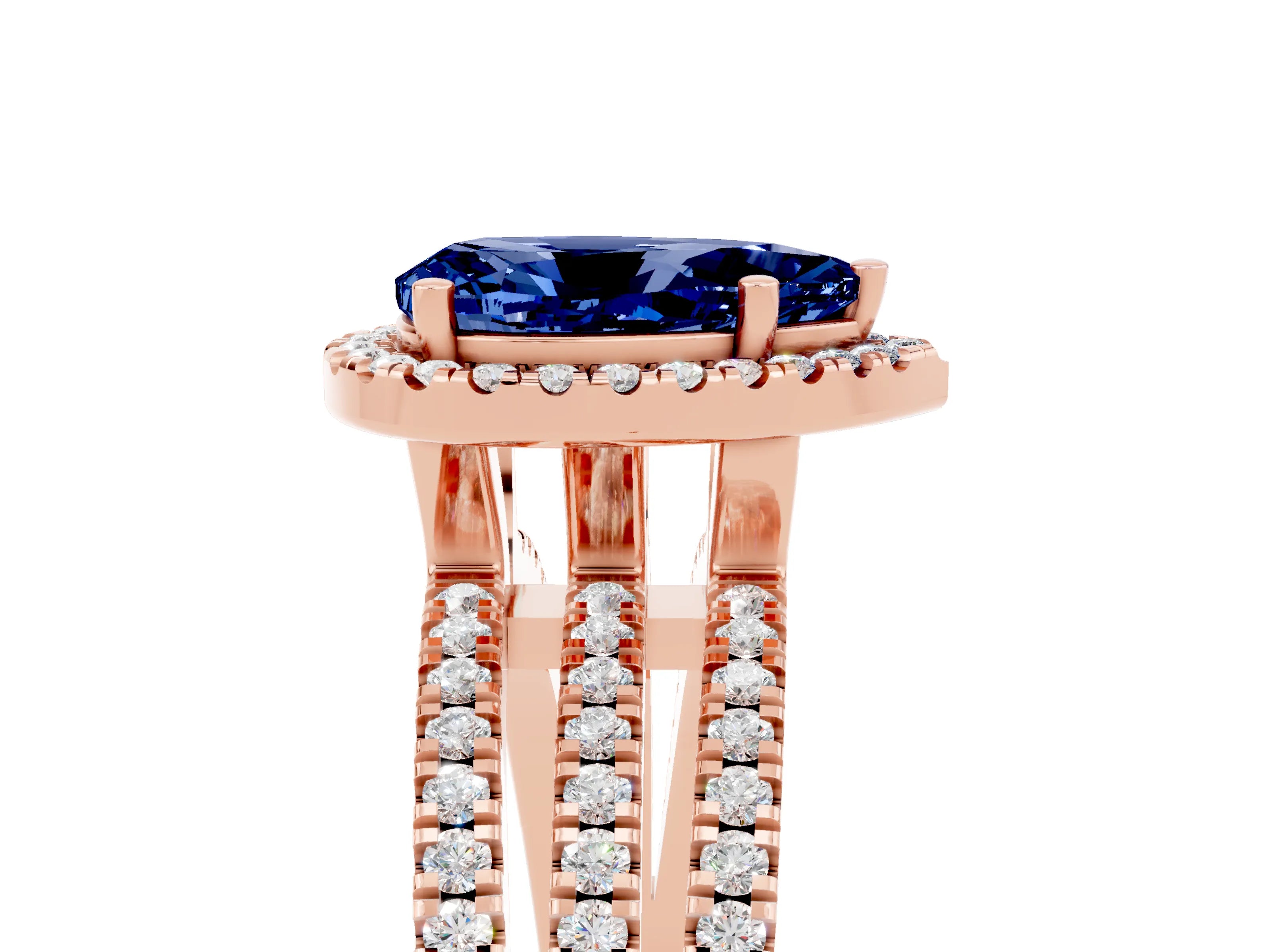 Rose gold {shape_name} Blue Sapphire Halo Engagement Ring with Split Shank and Four-Prong Setting_5