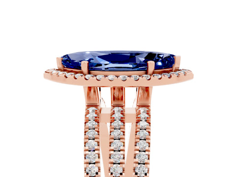 Rose gold {shape_name} Blue Sapphire Halo Engagement Ring with Split Shank and Four-Prong Setting_5