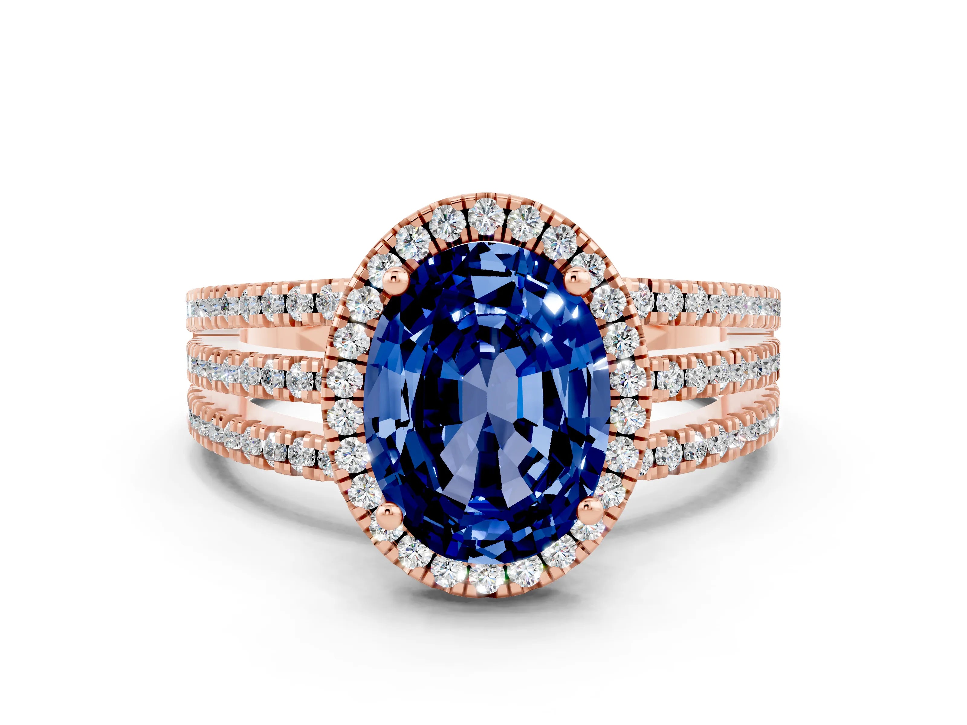 Rose gold {shape_name} Blue Sapphire Halo Engagement Ring with Split Shank and Four-Prong Setting