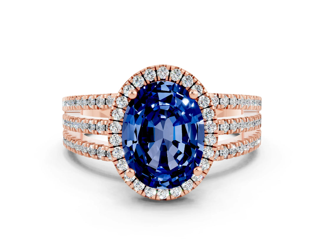 Rose gold {shape_name} Blue Sapphire Halo Engagement Ring with Split Shank and Four-Prong Setting