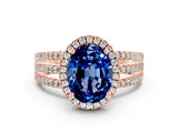 Rose gold {shape_name} Blue Sapphire Halo Engagement Ring with Split Shank and Four-Prong Setting