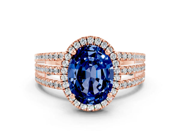 Rose gold Oval Cut Blue Sapphire Halo Engagement Ring with Split Shank and Four-Prong Setting