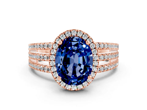 Rose gold {shape_name} Blue Sapphire Halo Engagement Ring with Split Shank and Four-Prong Setting