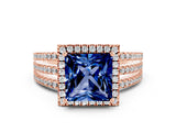 Rose gold {shape_name} Blue Sapphire Halo Engagement Ring with Split Shank and Four-Prong Setting