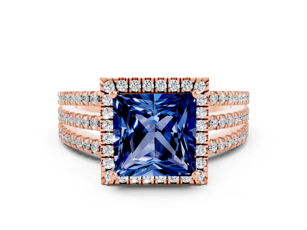 Rose gold Princess Cut Blue Sapphire Halo Engagement Ring with Split Shank and Four-Prong Setting