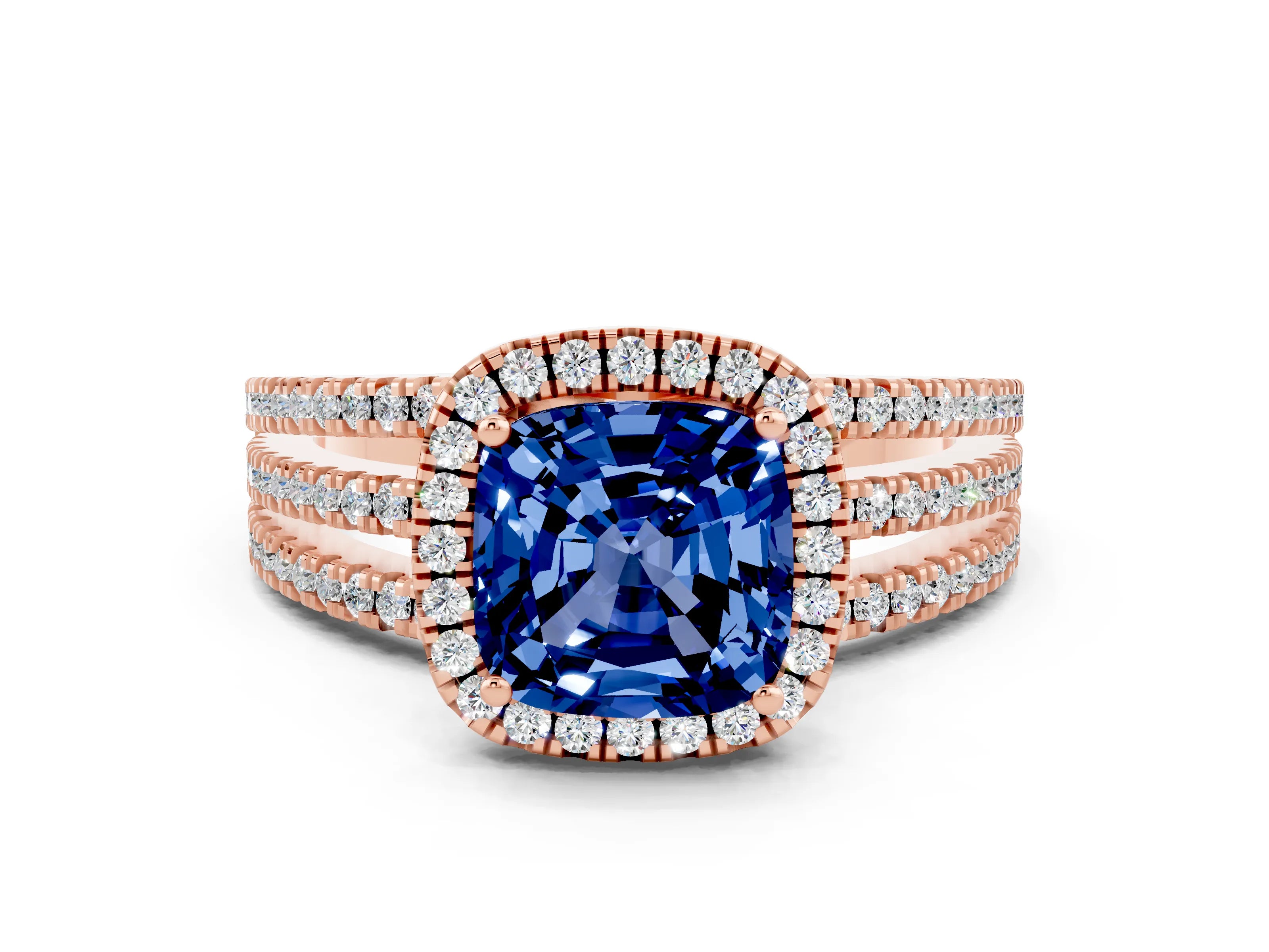 Rose gold {shape_name} Blue Sapphire Halo Engagement Ring with Split Shank and Four-Prong Setting