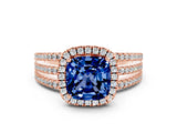 Rose gold {shape_name} Blue Sapphire Halo Engagement Ring with Split Shank and Four-Prong Setting