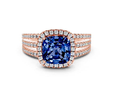 Rose gold {shape_name} Blue Sapphire Halo Engagement Ring with Split Shank and Four-Prong Setting