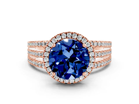 Rose gold {shape_name} Blue Sapphire Halo Engagement Ring with Split Shank and Four-Prong Setting