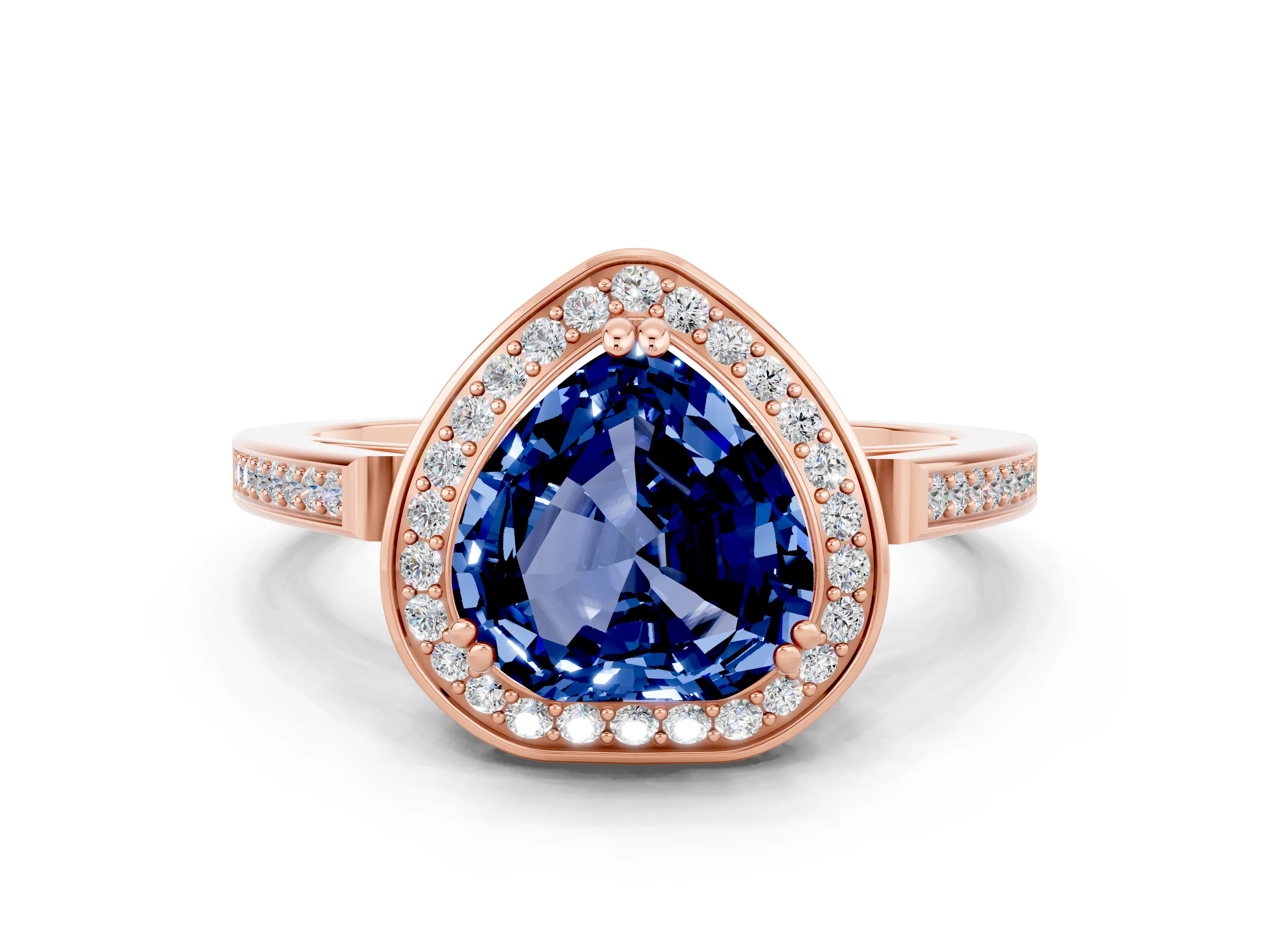 Rose gold {shape_name} Blue Sapphire Halo Ring with Split Shank and Four-Prong Setting