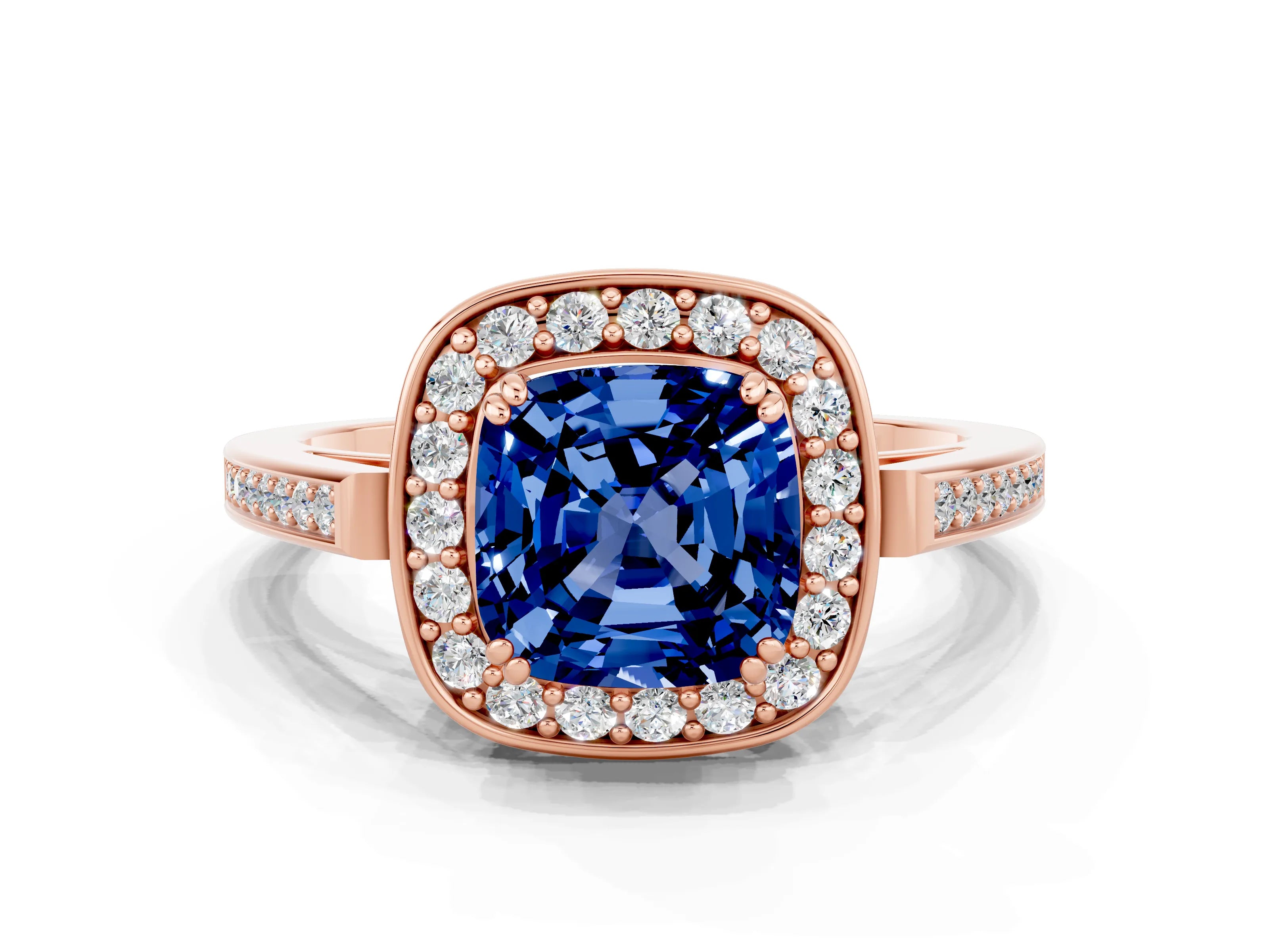 Rose gold {shape_name} Blue Sapphire Halo Ring with Split Shank and Four-Prong Setting_12