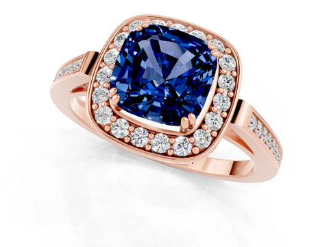 Rose gold {shape_name} Blue Sapphire Halo Ring with Split Shank and Four-Prong Setting_13