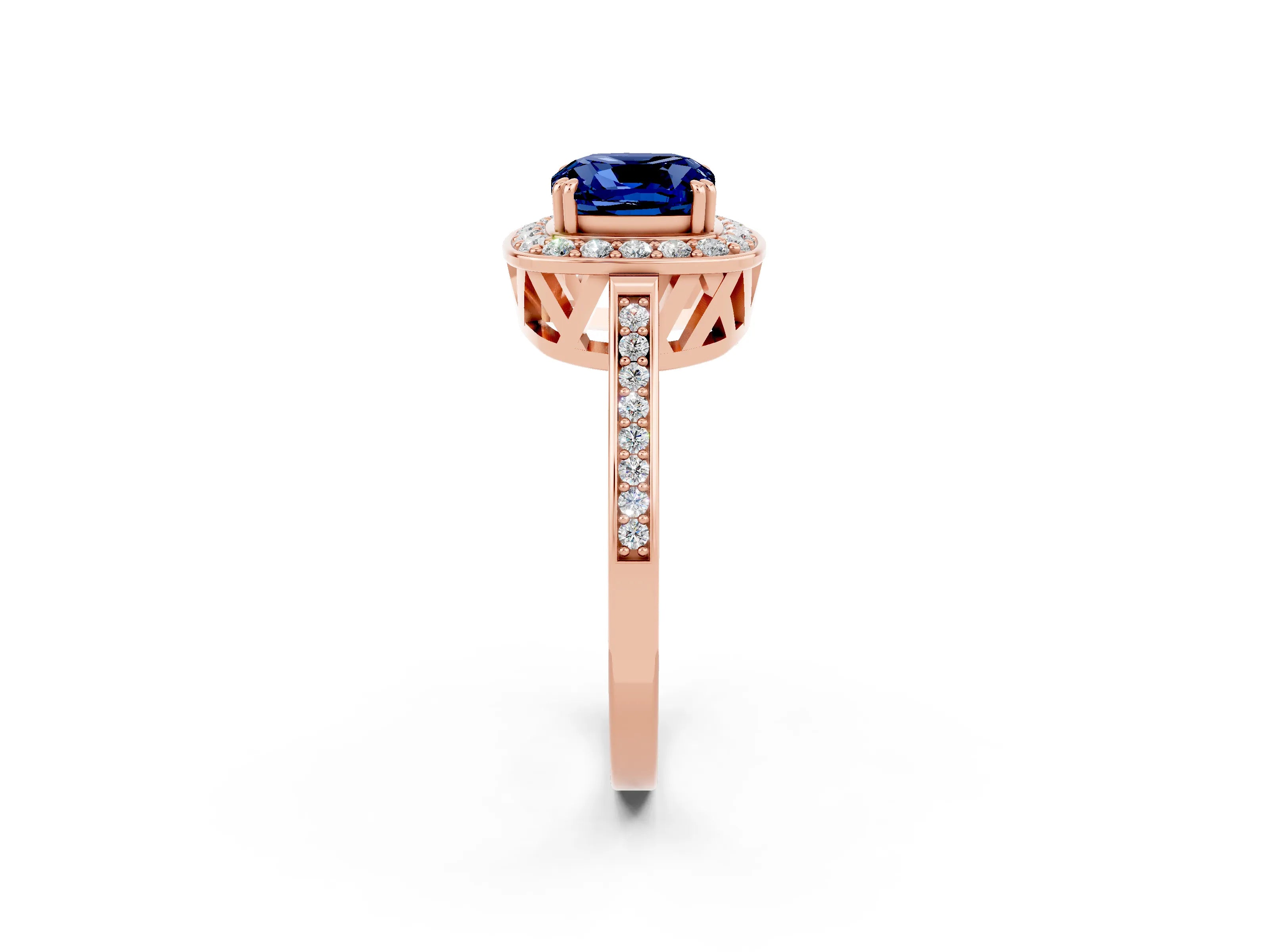 Rose gold {shape_name} Blue Sapphire Halo Ring with Split Shank and Four-Prong Setting_14