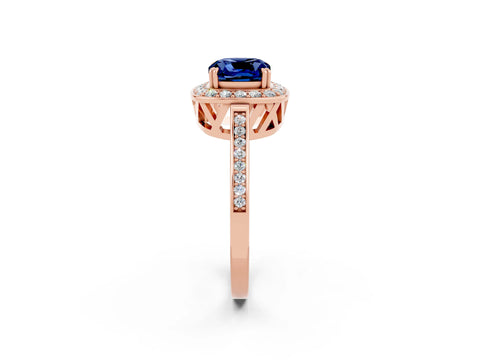 Rose gold {shape_name} Blue Sapphire Halo Ring with Split Shank and Four-Prong Setting_14