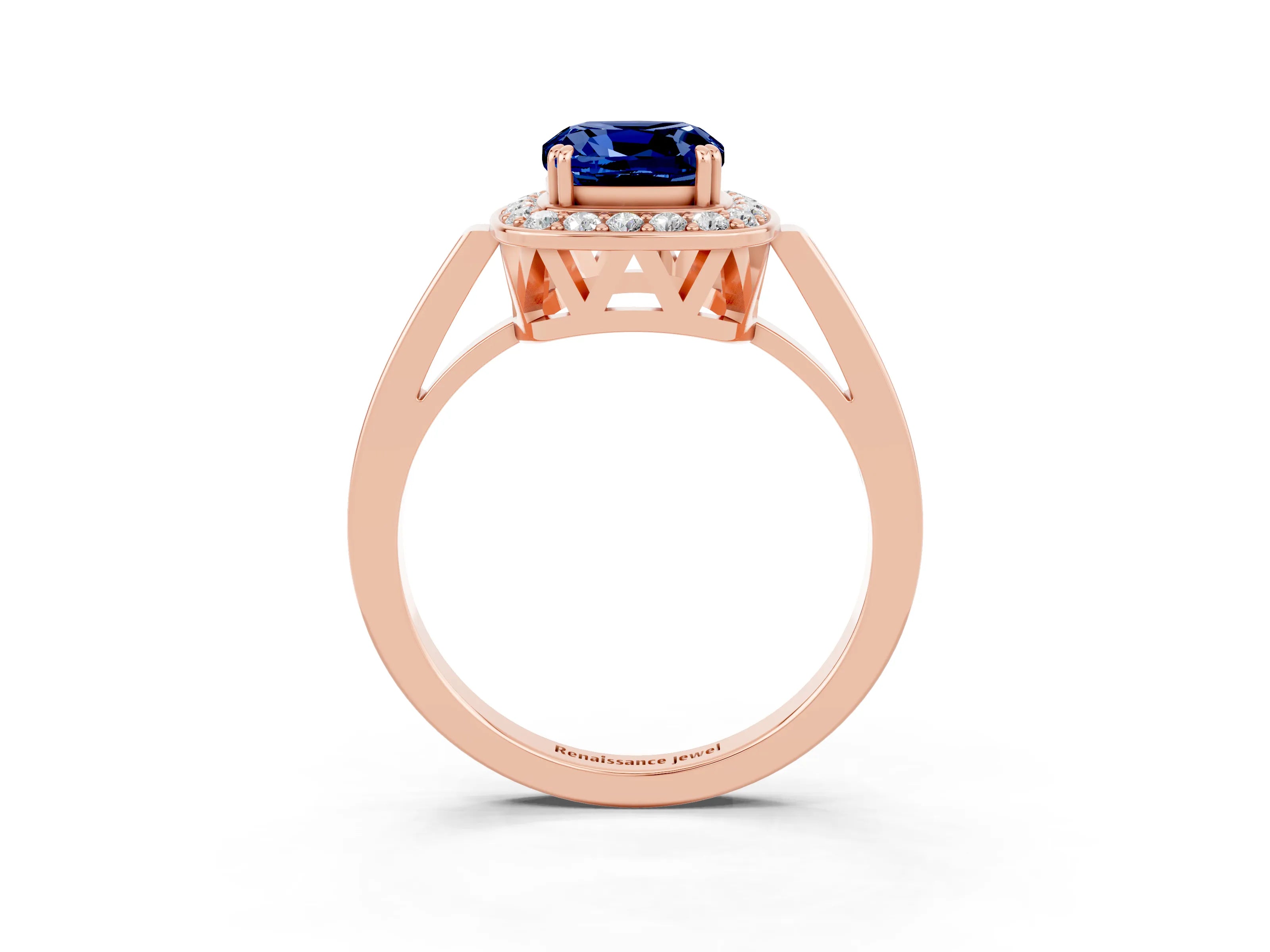 Rose gold {shape_name} Blue Sapphire Halo Ring with Split Shank and Four-Prong Setting_15