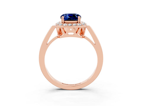 Rose gold {shape_name} Blue Sapphire Halo Ring with Split Shank and Four-Prong Setting_15