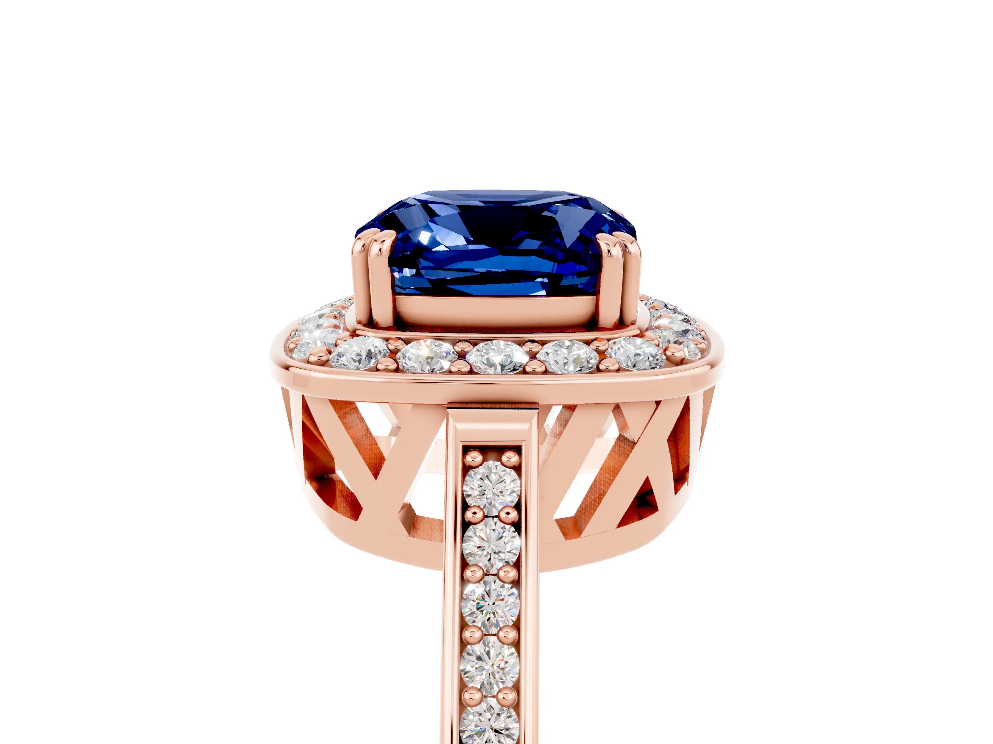 Rose gold {shape_name} Blue Sapphire Halo Ring with Split Shank and Four-Prong Setting_17