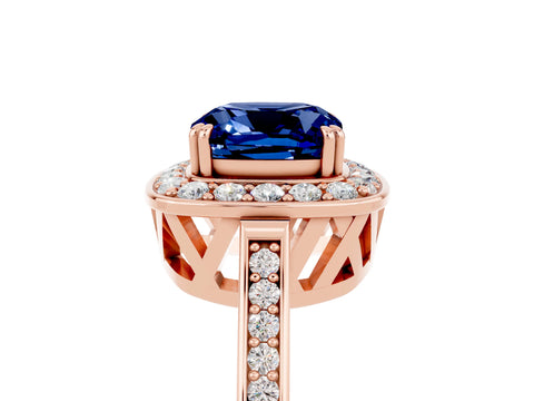 Rose gold {shape_name} Blue Sapphire Halo Ring with Split Shank and Four-Prong Setting_17