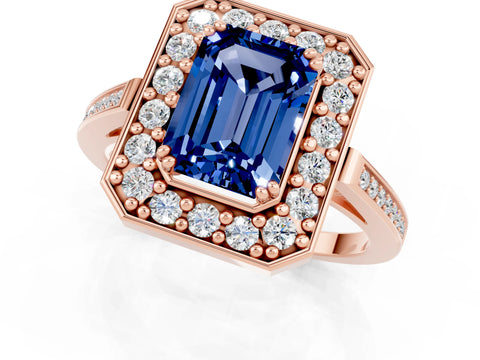 Rose gold {shape_name} Blue Sapphire Halo Ring with Split Shank and Four-Prong Setting_1