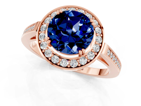 Rose gold Round Cut Blue Sapphire Halo Ring with Split Shank and Four-Prong Setting