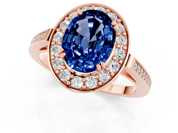 Rose gold Oval Cut Blue Sapphire Halo Ring with Split Shank and Four-Prong Setting