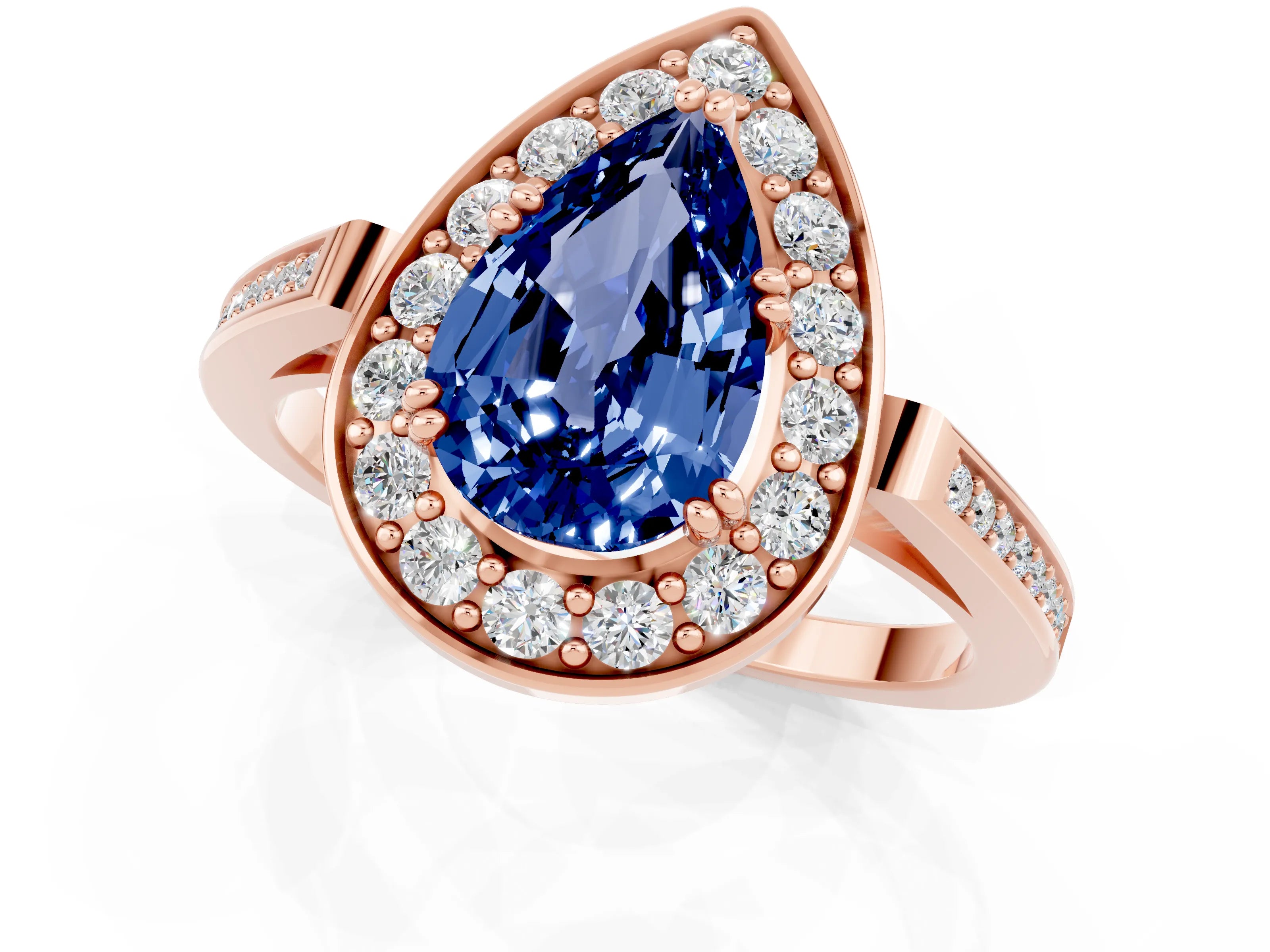 Rose gold {shape_name} Blue Sapphire Halo Ring with Split Shank and Four-Prong Setting_1