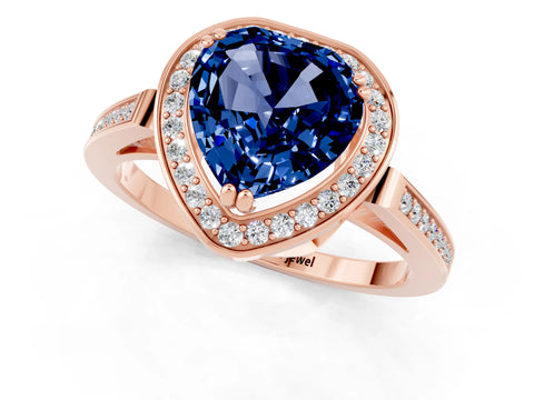 Rose gold {shape_name} Blue Sapphire Halo Ring with Split Shank and Four-Prong Setting_1